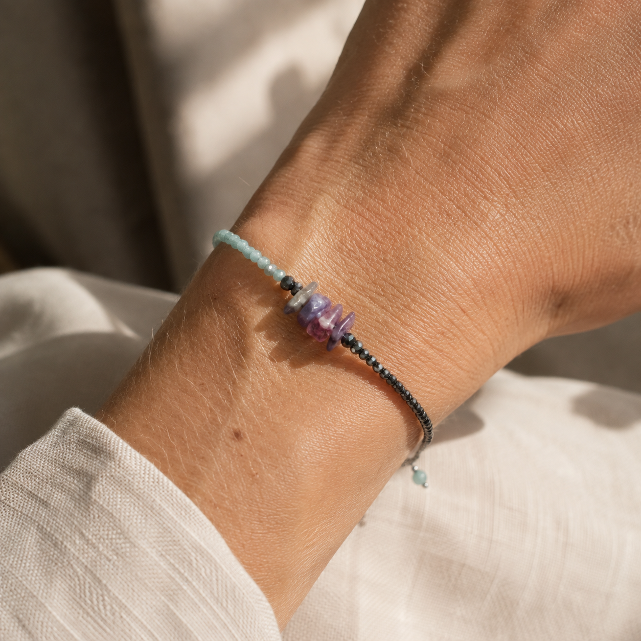 Amazonit Armband kaufen – Sea Breeze Dream mit Hämatit & Fluorit | BE-Youniq
