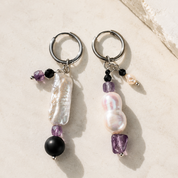 Asymmetrische Ohrringe mit Onyx, Süßwasserperlen und Amethyst – handgefertigt, BE.Youniq
