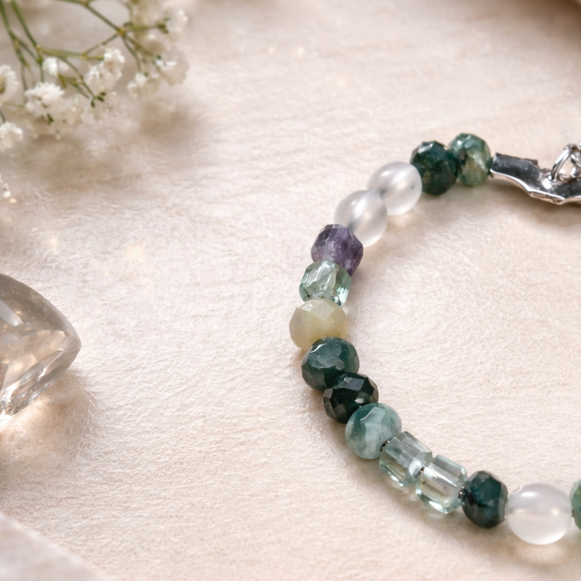 Detailaufnahme der Terralume Ohrringe – Alashan Achat, Fluorit & Bergkristall in Erdtönen