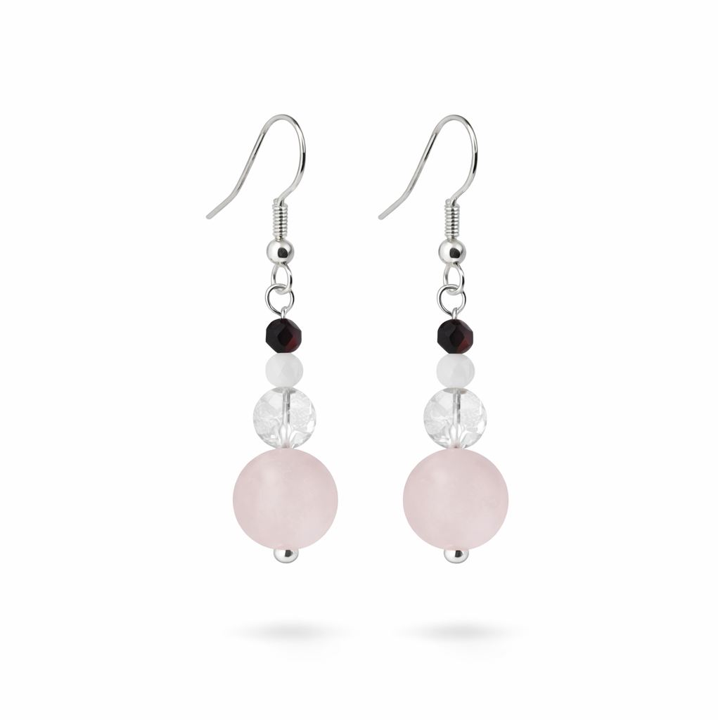 Edelstein-Ohrringe mit Rosenquarz, Bergkristall, Mondstein, Granat an silberfarbenem Haken