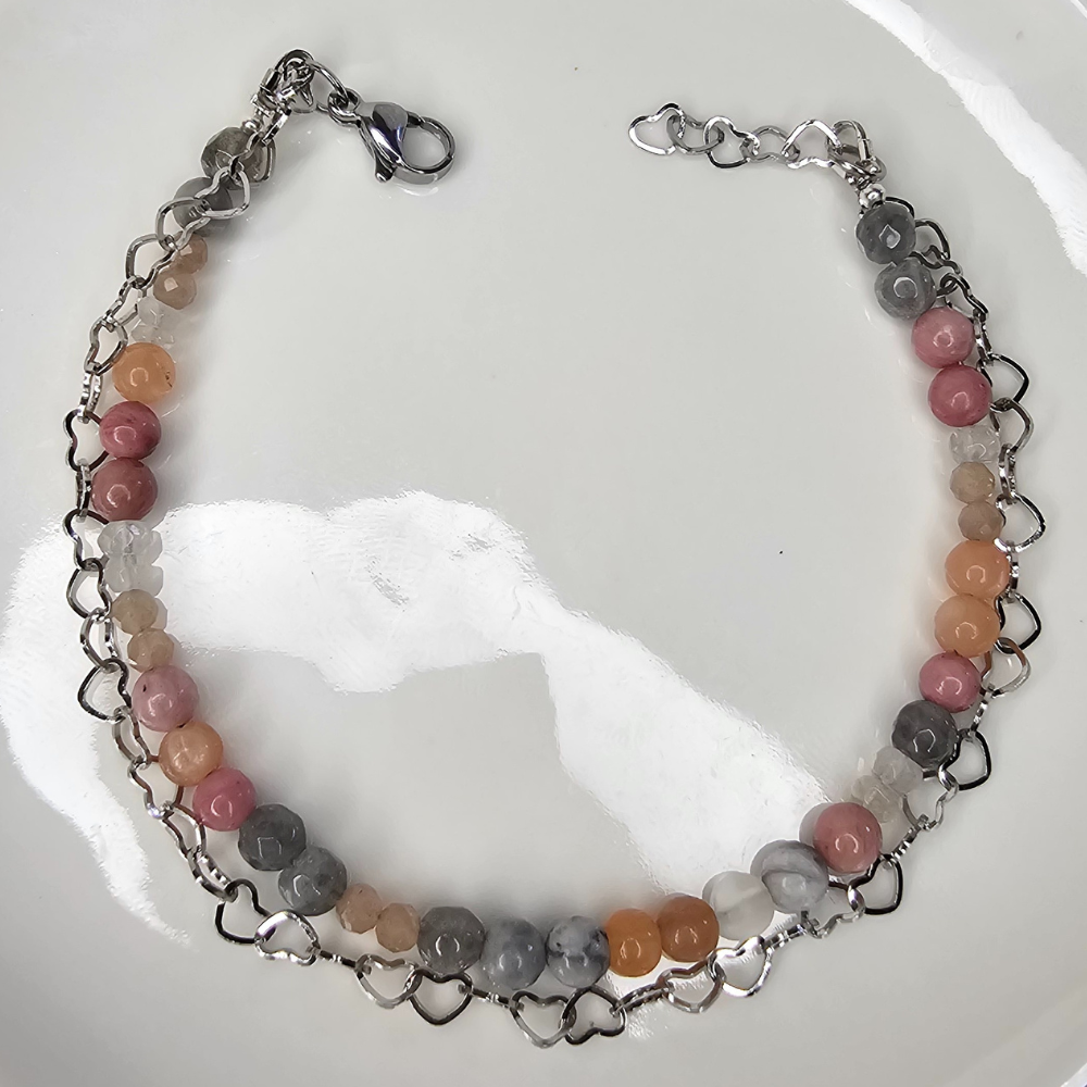 Edelstein Armband – handgefertigt mit Labradorit, Rhodonit, Mondstein, Bergkristall & Picasso Jaspis für Balance, Selbstvertrauen und innere Ruhe