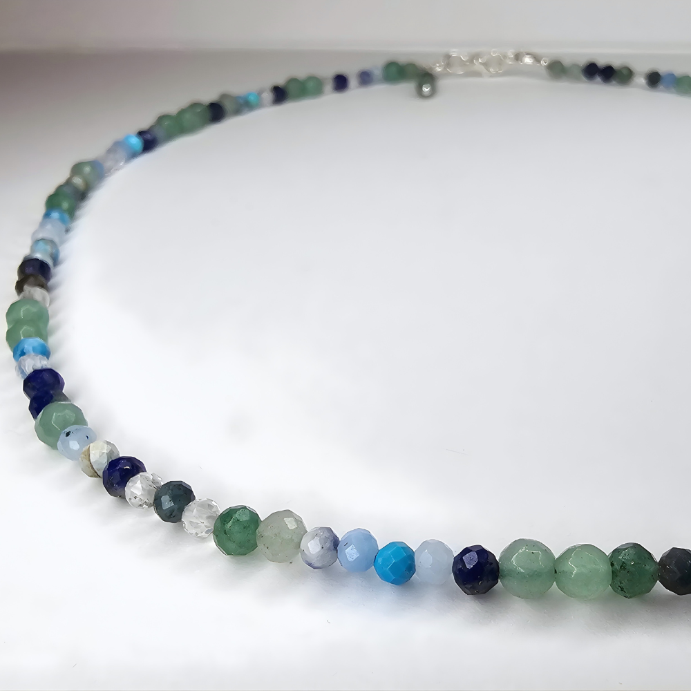Edelstein Choker Handgefertigt Lapislazuli, Aquamarin & Aventurin