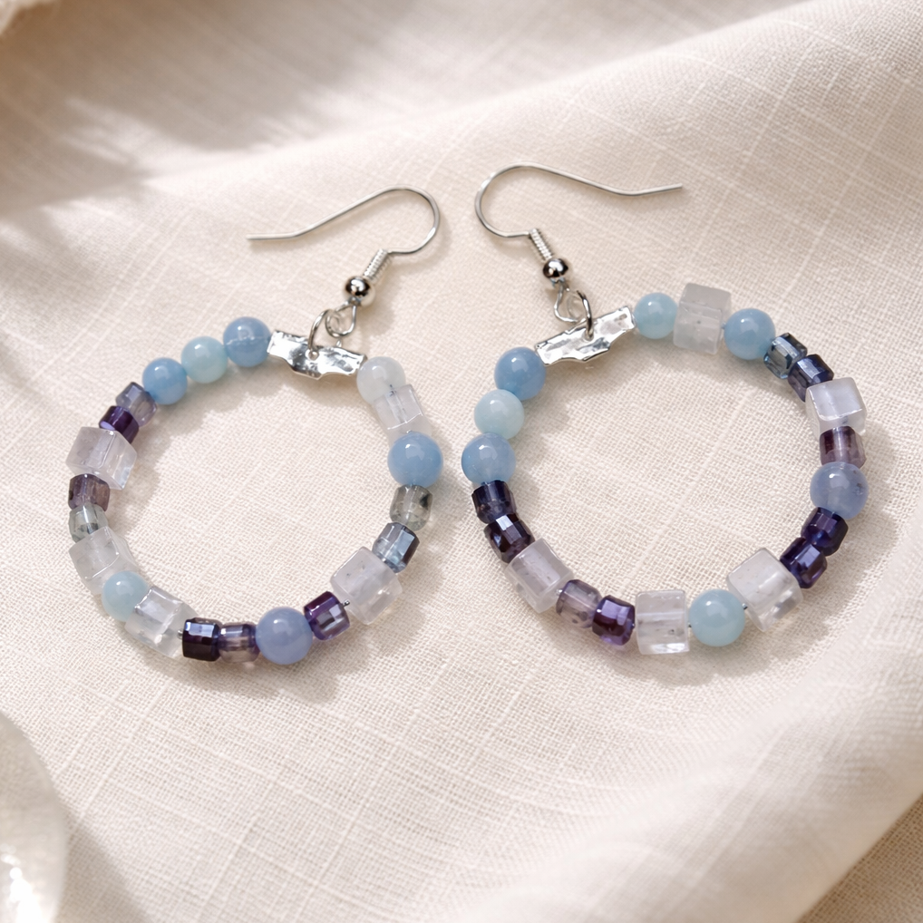 Edelstein Ohrringe - Aquamarin, Mondstein & Fluorit - Handgefertigt