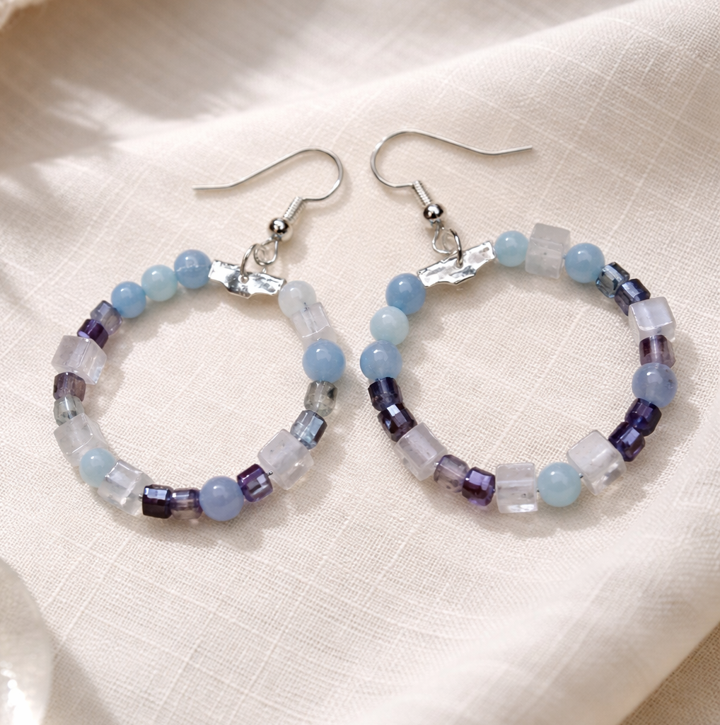 Edelstein Ohrringe - Aquamarin, Mondstein & Fluorit - Handgefertigt