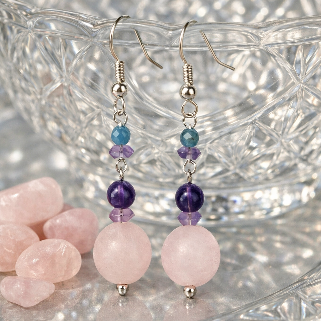 Edelstein Ohrringe Handgefertigt Rosenquarz, Amethyst & Apatit