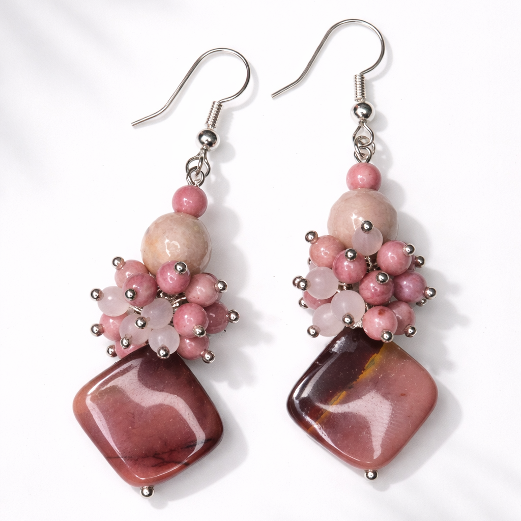 Edelstein Ohrringe - Seelenkompass - Mokait, Mondstein & Rosenquarz