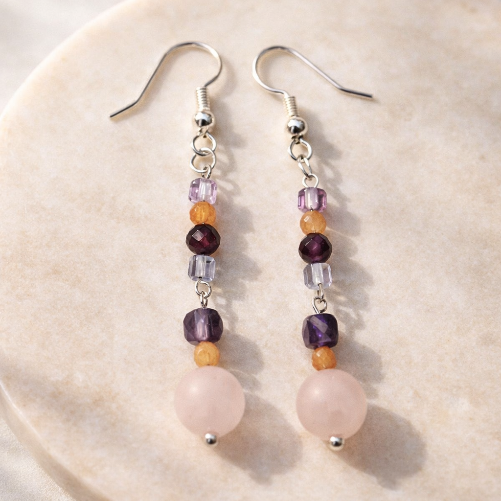 Edelstein Ohrringe - Sunlite Rose - Rosenquarz, Sonnenstein & Amethyst