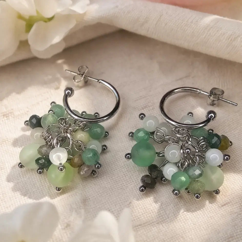 Edelstein Ohrringe Velvet Green Harmony – Aventurin, Fluorit, Alashan Achat & Beryll, handgefertigt