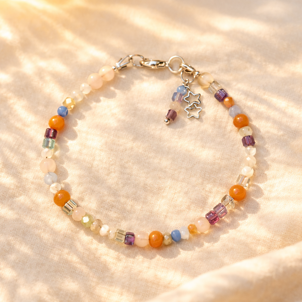 Edelsteinarmband Damen Fluorit, Rosenquarz & Mondstein