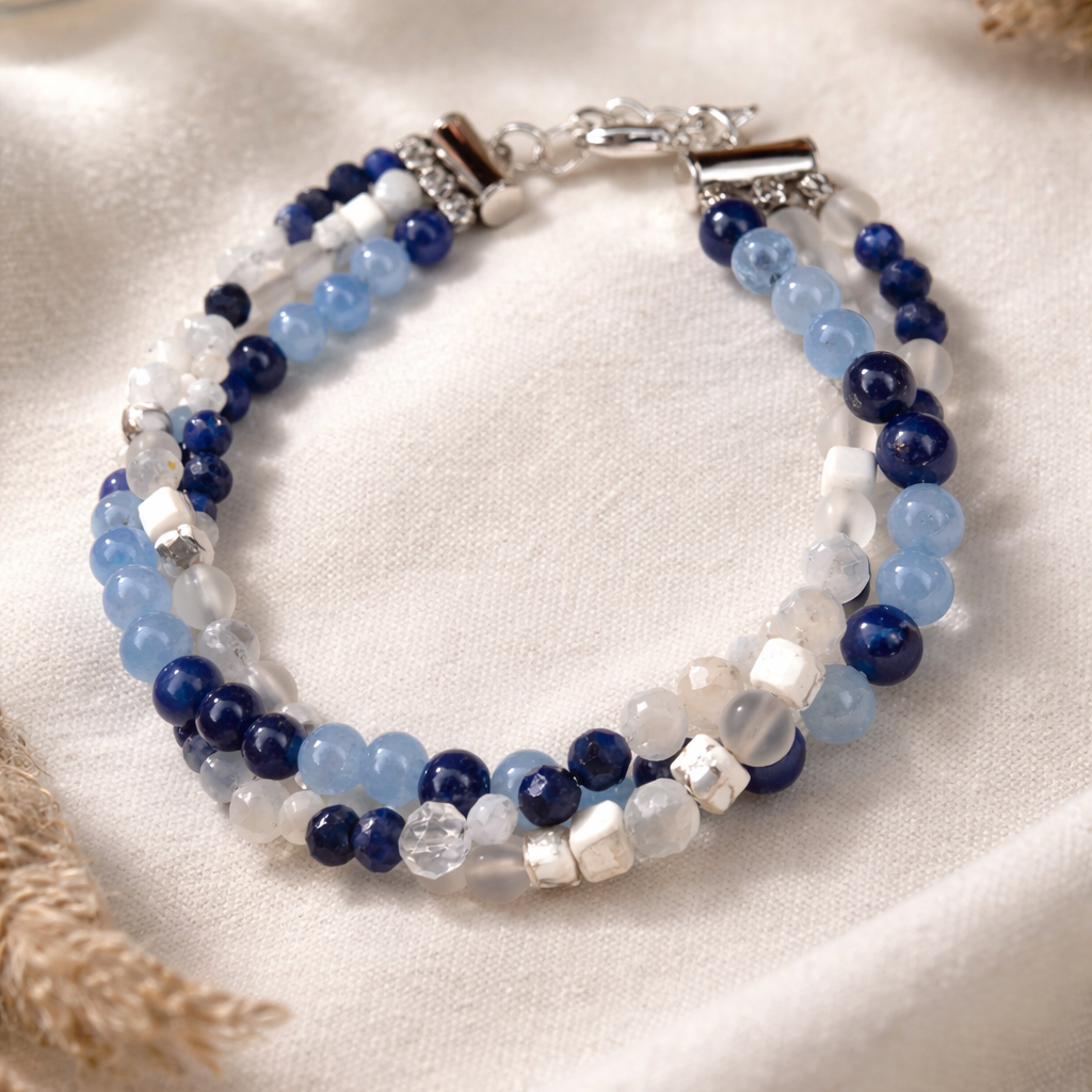 Edelsteinarmband - Quiet Mind -Lapislazuli, Aquamarin, Mondstein, Howlit & Bergkristall