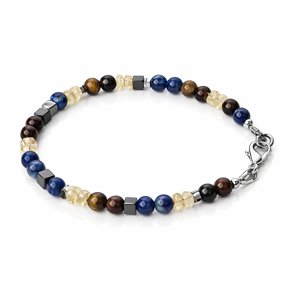 Handgefertigtes Edelsteinarmband mit Lapislazuli, Tigerauge, Hämatit & Citrin – für Klarheit, Mut, Erdung, Schutz und positive Energie.