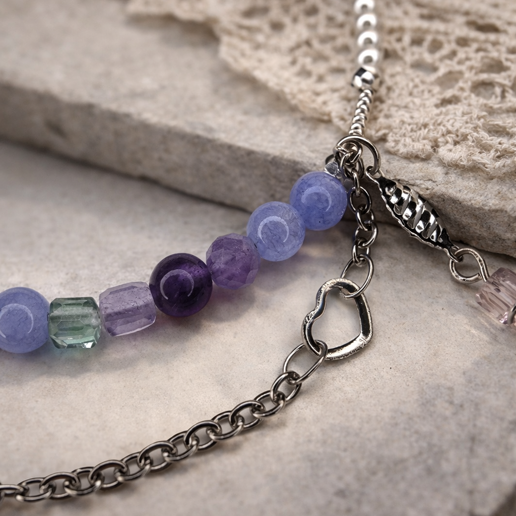 Edelsteinarmband Damen Aquamarin, Amethyst, Fluorit & Glasperlen