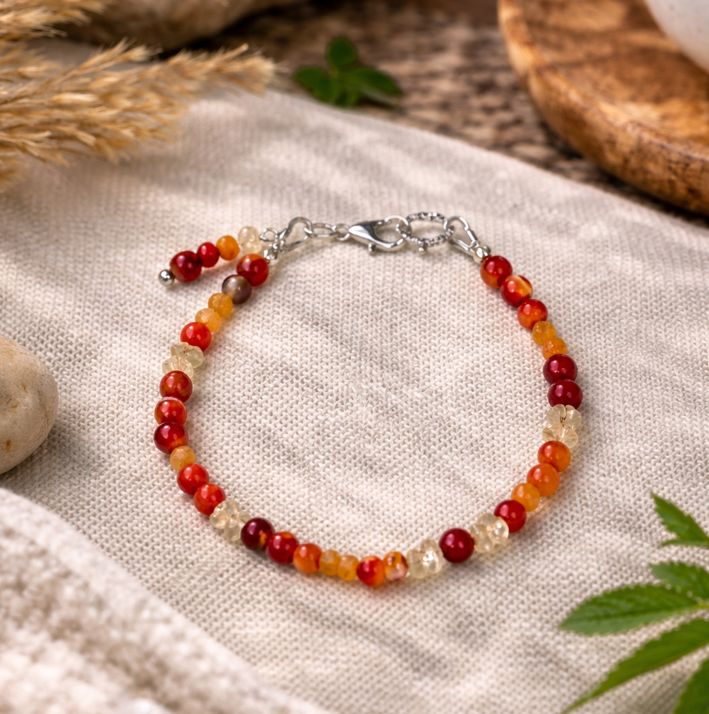 Edelsteinarmband handgefertigt mit Karneol, Citrin & Bambuskoralle, Sunset Ritual