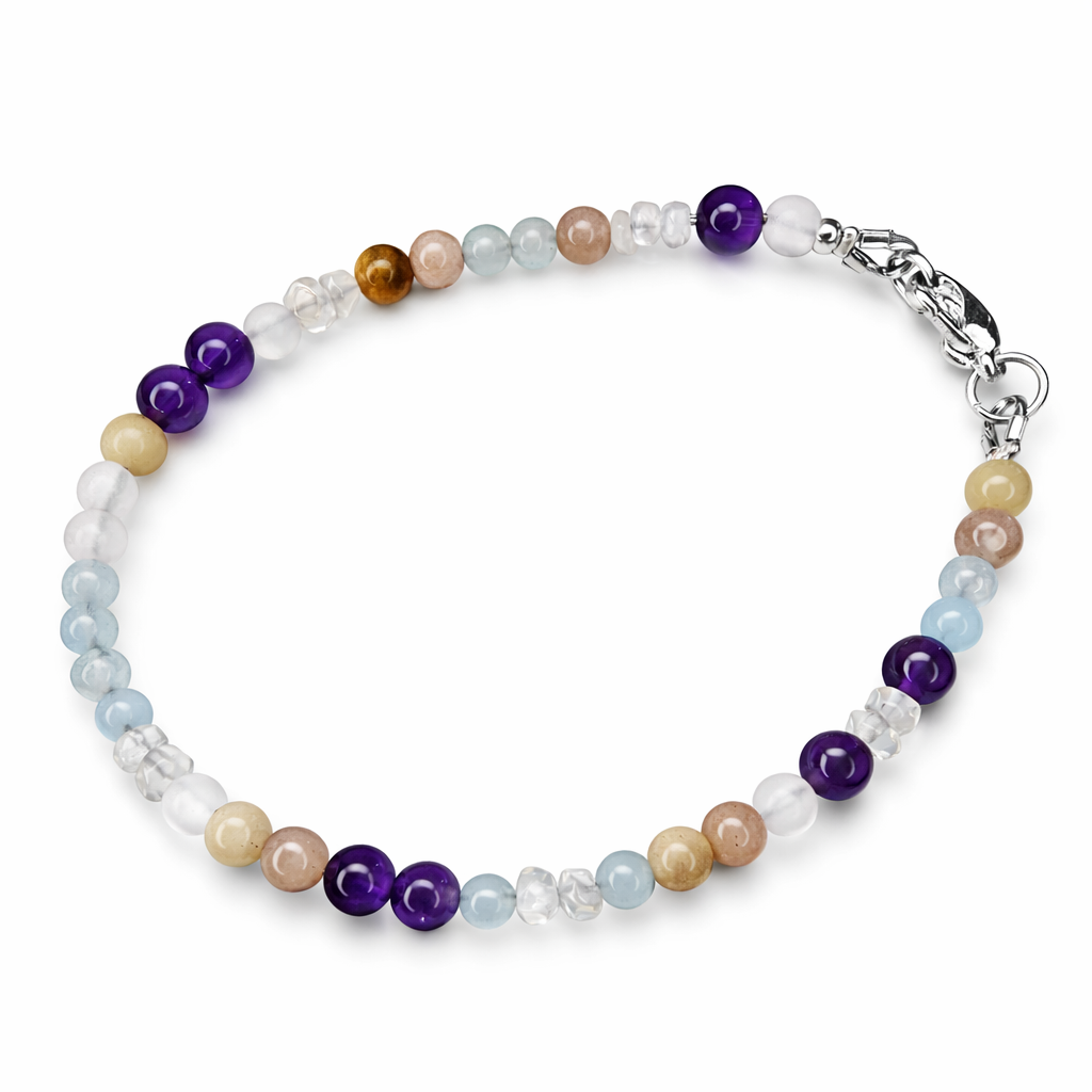 Edelsteinarmband – Bergkristall, Amethyst und Aquamarin 