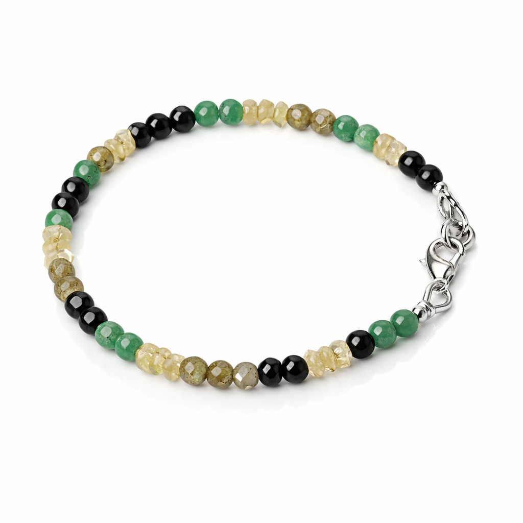 Handgefertigtes Edelsteinarmband mit Citrin-, Aventurin-, Labradorit- und Onyx-Perlen, runder Form, silbernem Karabinerverschluss, vor weißem Hintergrund.