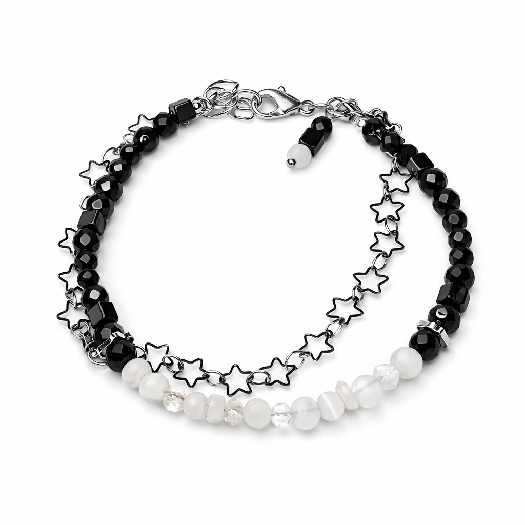 Edelsteinarmband Damen für Schutz & Intuition. Eleganter Schmuck in dunklem Design. Handgefertigt in Österreich.