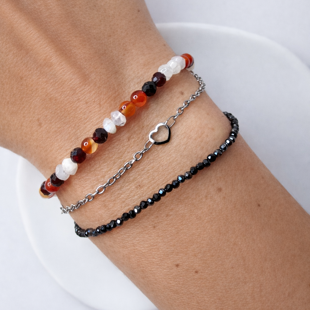 Edelsteinarmband – Karneol, Granat, Mondstein & Spinell