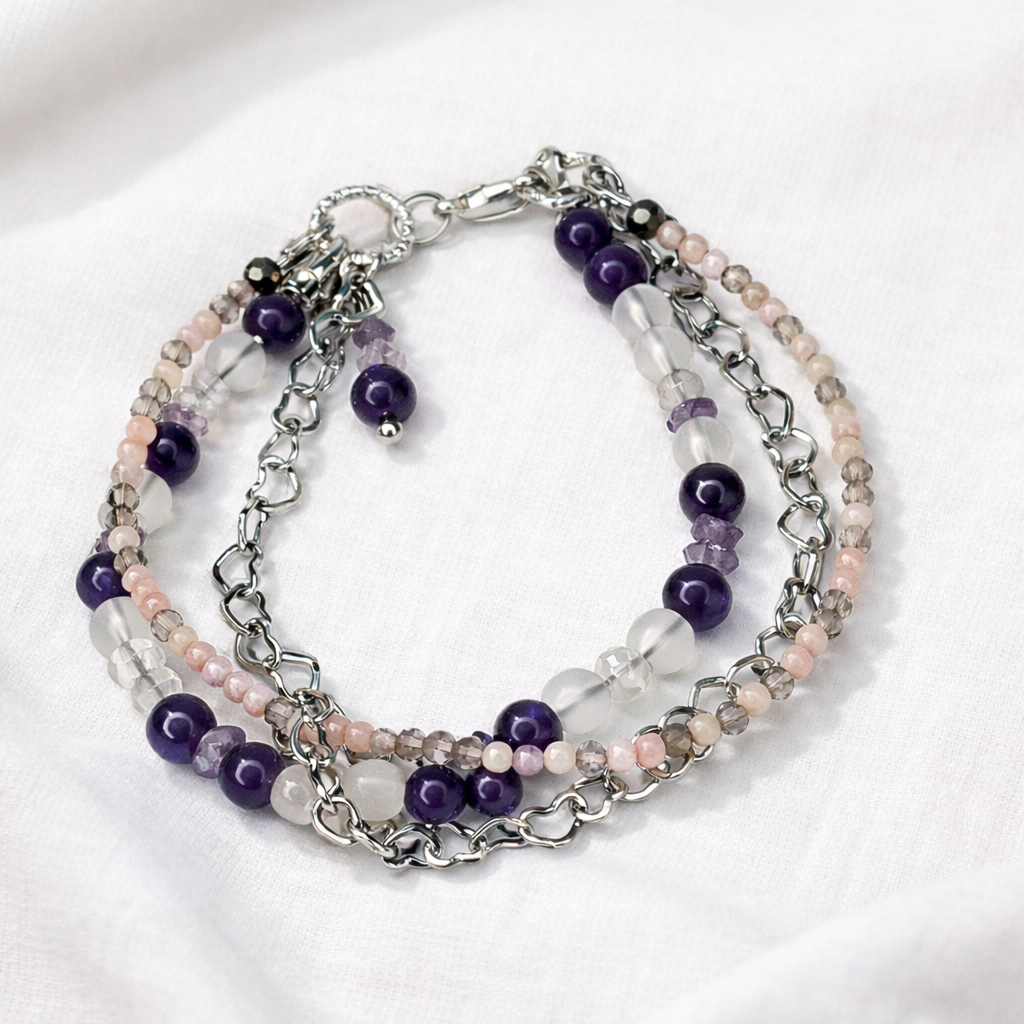 Edelsteinarmband mit Amethyst, Rosenquarz, Bergkristall & Rauchquarz