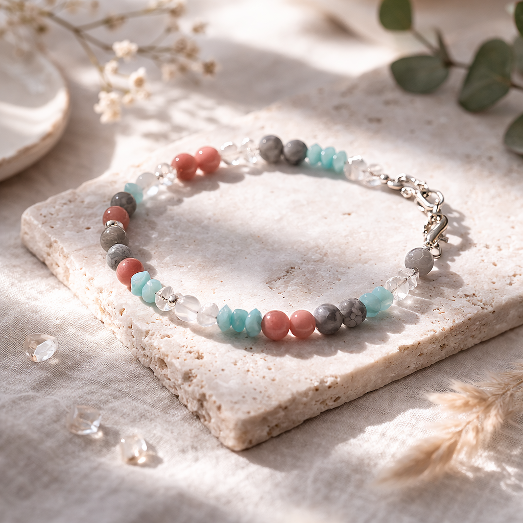 Edelsteinarmband Damen mit Rosenquarz & Bergkristall – Liebe & Klarheit