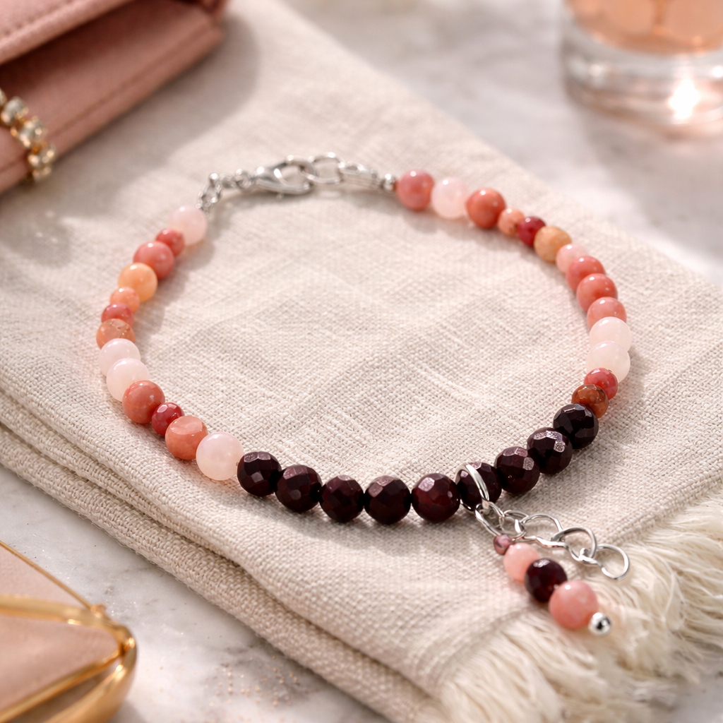 Edelsteinarmband mit Rosenquarz, Rhodonit & Granat – handgemacht