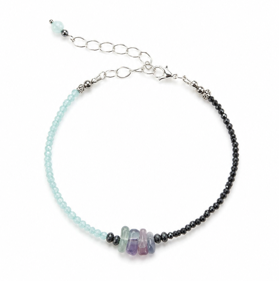 Edelsteinarmband mit facettiertem Hämatit, zartgrünem Amazonit und natürlichem Fluorit, handgefertigt – BE-Youniq
