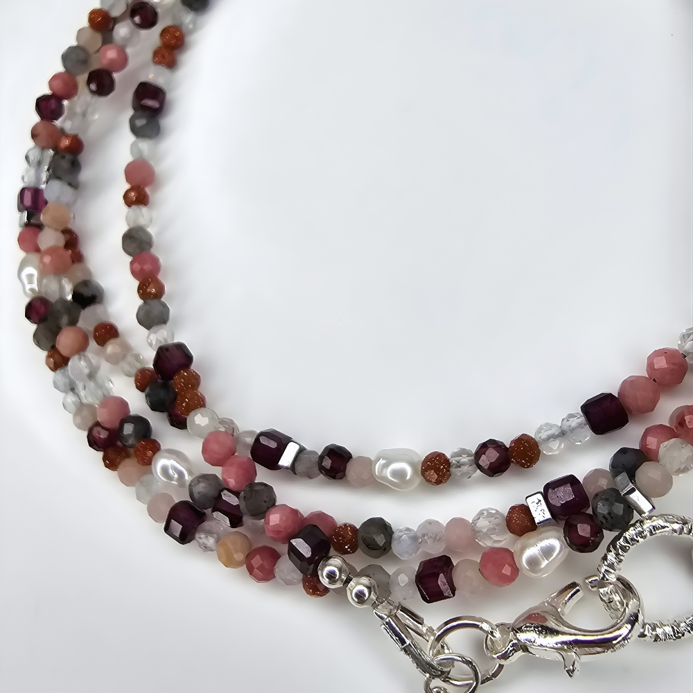 Handgefertigte 2-in-1 Edelsteinkette mit Granat, Morganit, Opal, Rhodonit, Hämatit und Süßwasserperlen