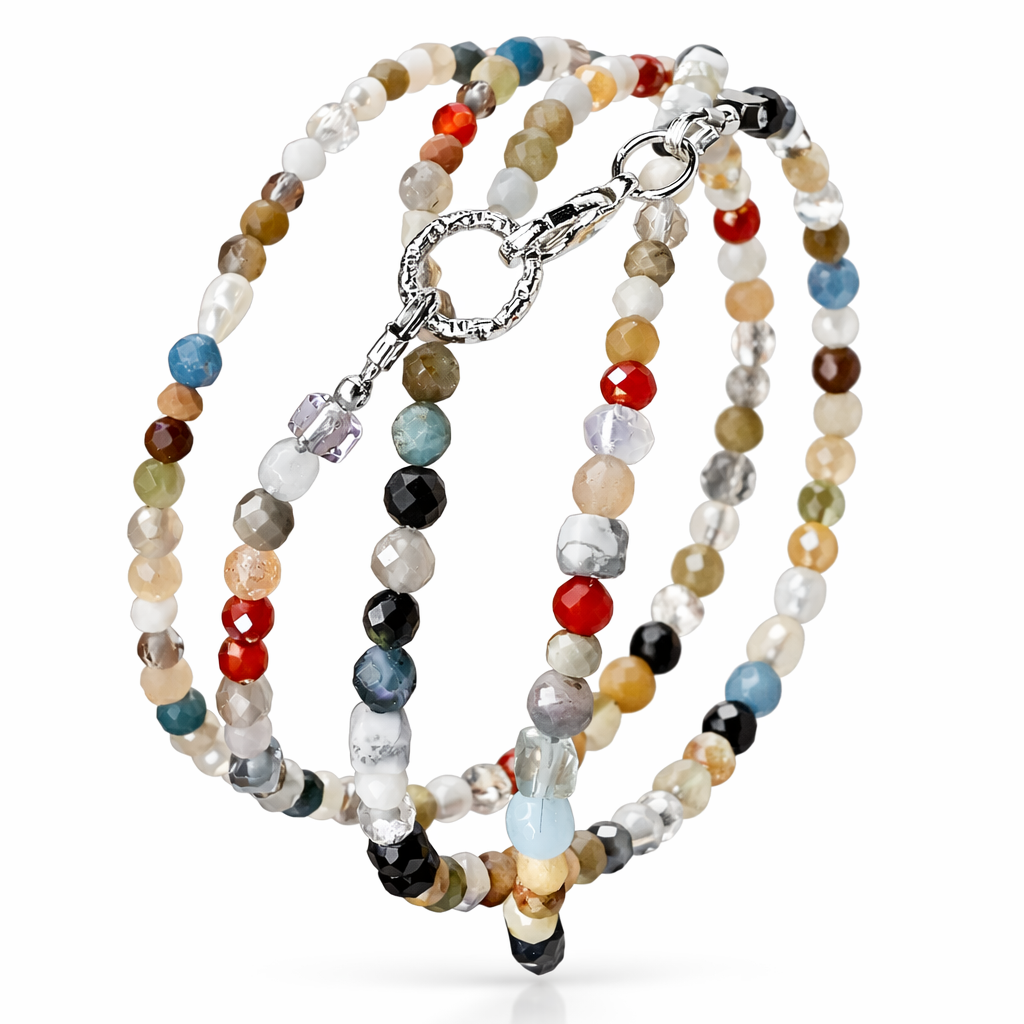 Edelstein Halskette 2in1 oder Armband mit Geburtsstein - Focus Flame - Howlit, Fluorit & Alashan Achat