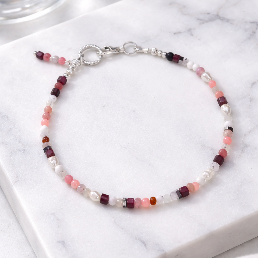 Granat Armband mit Mondstein – Geburtsstein Januar – handgefertigt