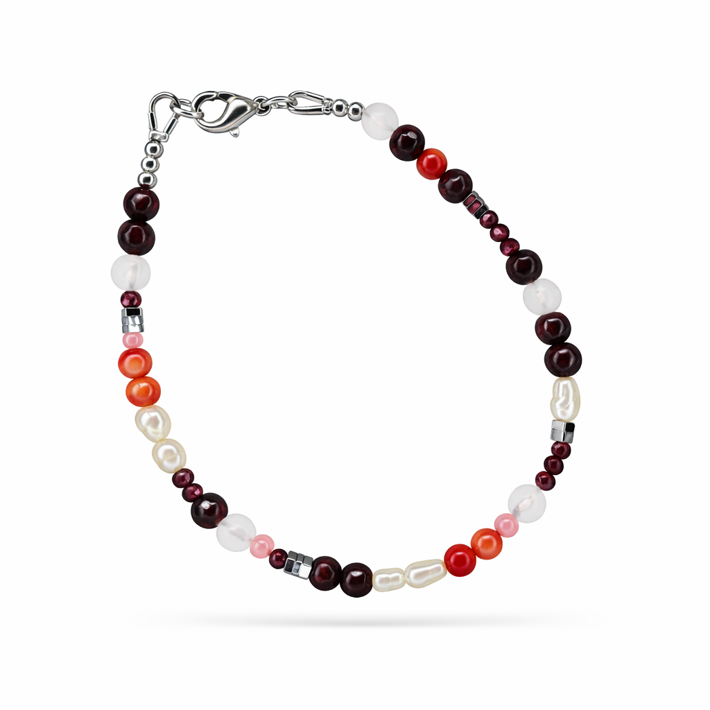 Granat Armband mit Rosenquarz & Süßwasserperlen – handgemacht