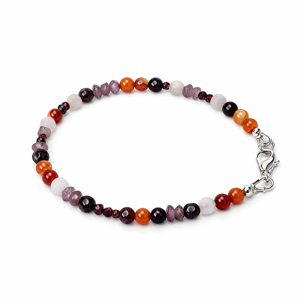 Granat Edelsteinarmband mit Rosenquarz & Amethyst – handgemacht