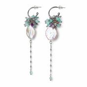 Handgefertigte Edelstein-Ohrringe „Lagoon Whisper Pearl“ mit Barockperlen, Amazonit und Fluorit, lange Edelstahlkette, eleganter natürlicher Schmuck.