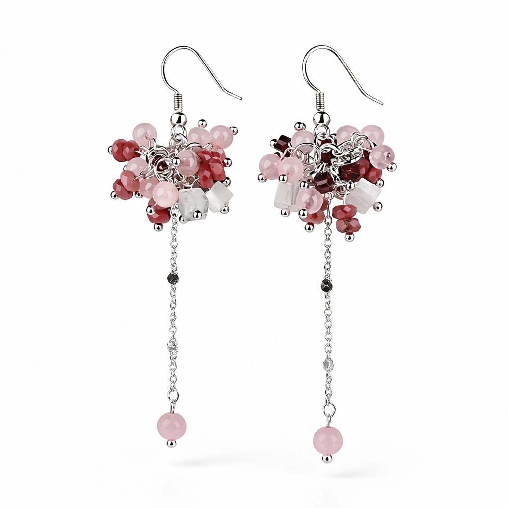 Handgefertigte Edelstein-Ohrringe Moonblush Energy mit Rosenquarz, Rhodonit, Mondstein und Granat – BE-Youniq