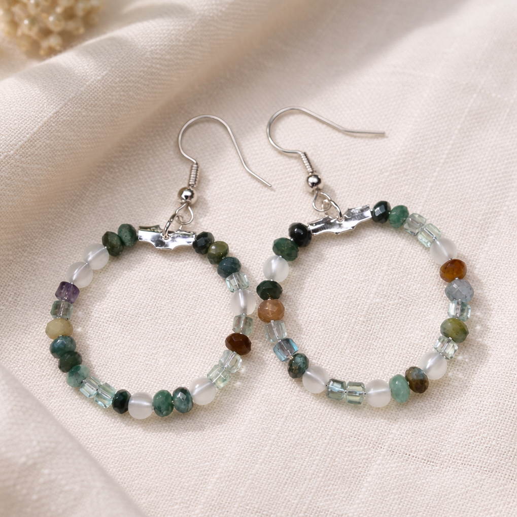 Handgefertigte Edelstein-Ohrringe Terralume mit Alashan Achat, Fluorit und Bergkristall
