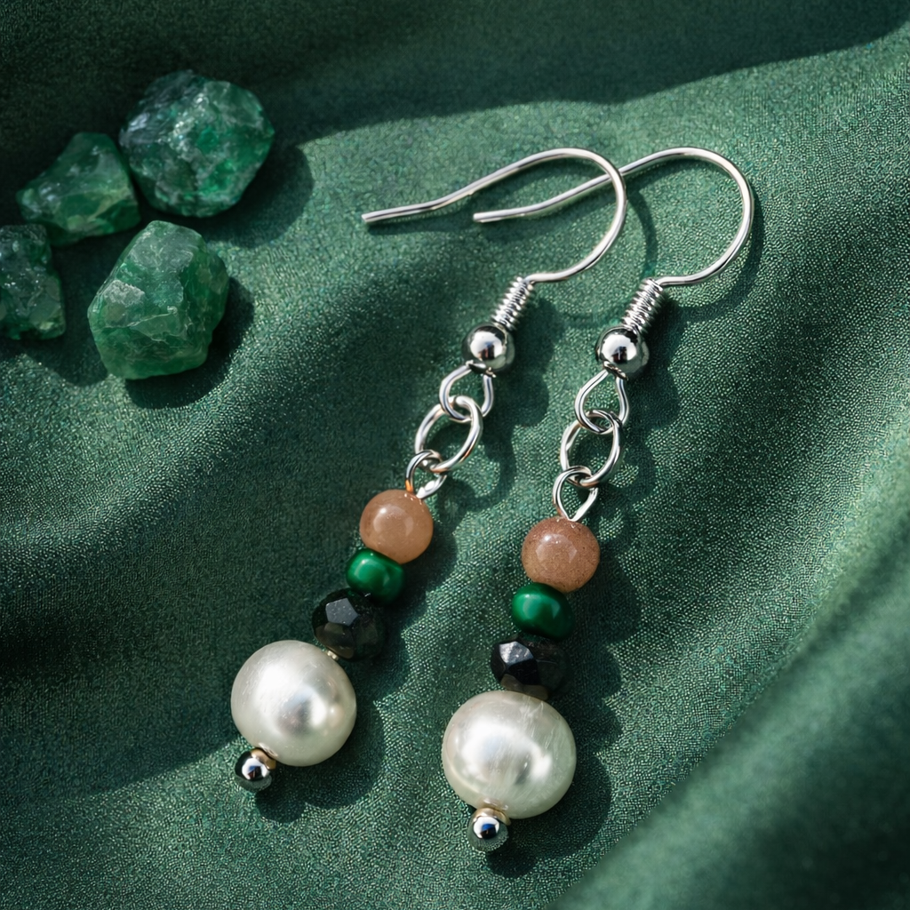 Handgefertigte Ohrhänger mit Süßwasserperlen, Malachit, Alashan Achat und Mondstein – harmonische Naturtöne für Alltag und Anlass.
