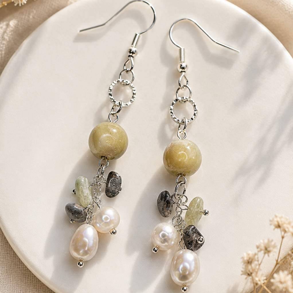 Handgefertigte Ohrringe mit Jade, Aquamarin, Labradorit und Süßwasserperlen – Mystic Earthlight von BE.Youniq