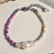 Handgefertigtes Damen Armband mit Rubin, Rosenquarz, Amazonit, grünem Chalcedon und Süßwasserperlen