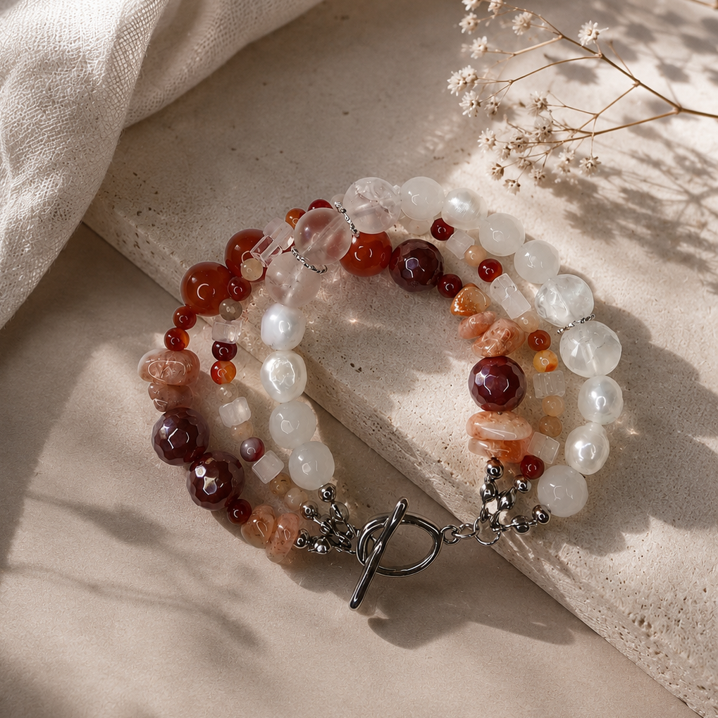 Handgefertigtes Edelsteinarmband Amber Moon mit rotem Achat, Sonnenstein, Mondstein und Süßwasserperlen – BE.Youniq