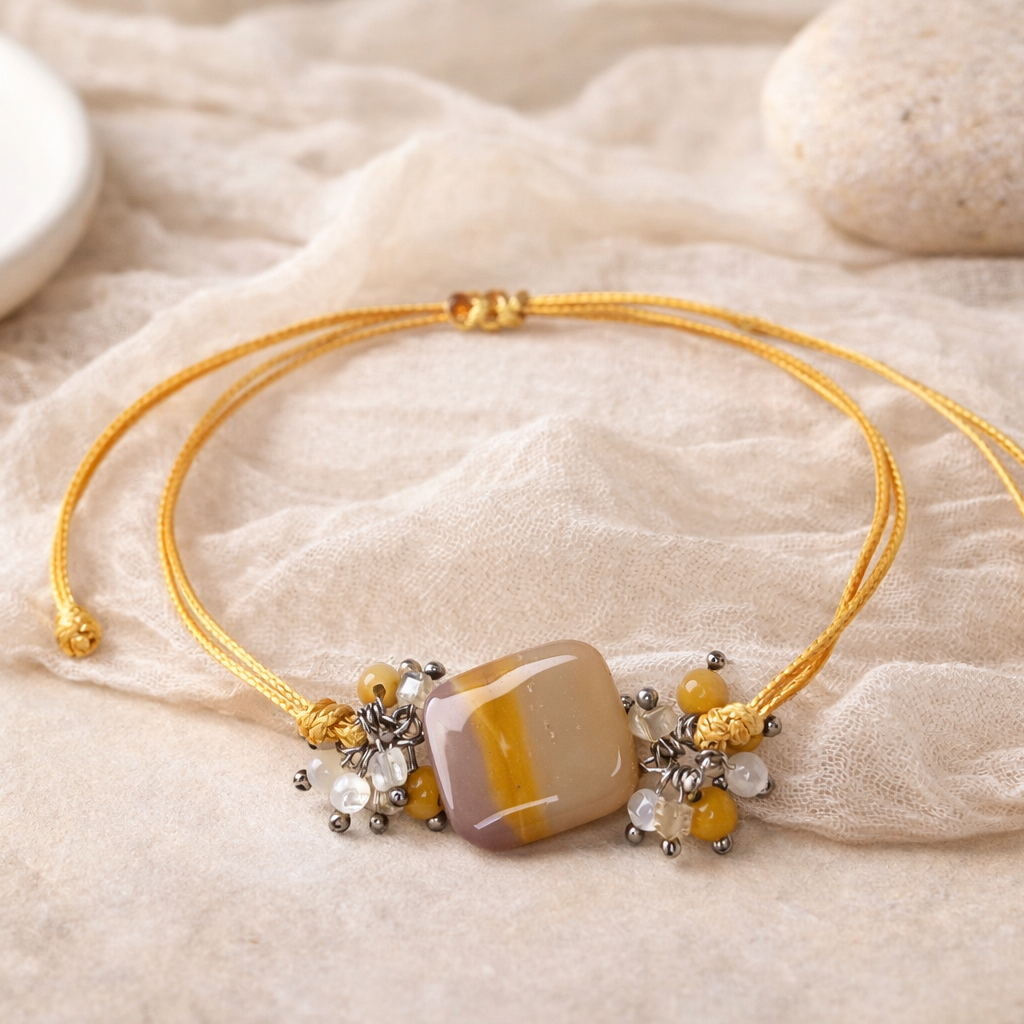 Handgefertigtes Edelsteinarmband „Golden Harmony“ mit Mookait, Fluorit und Perlmutt an zartem gelbem Stoffband in warmen, harmonischen Naturtönen.
