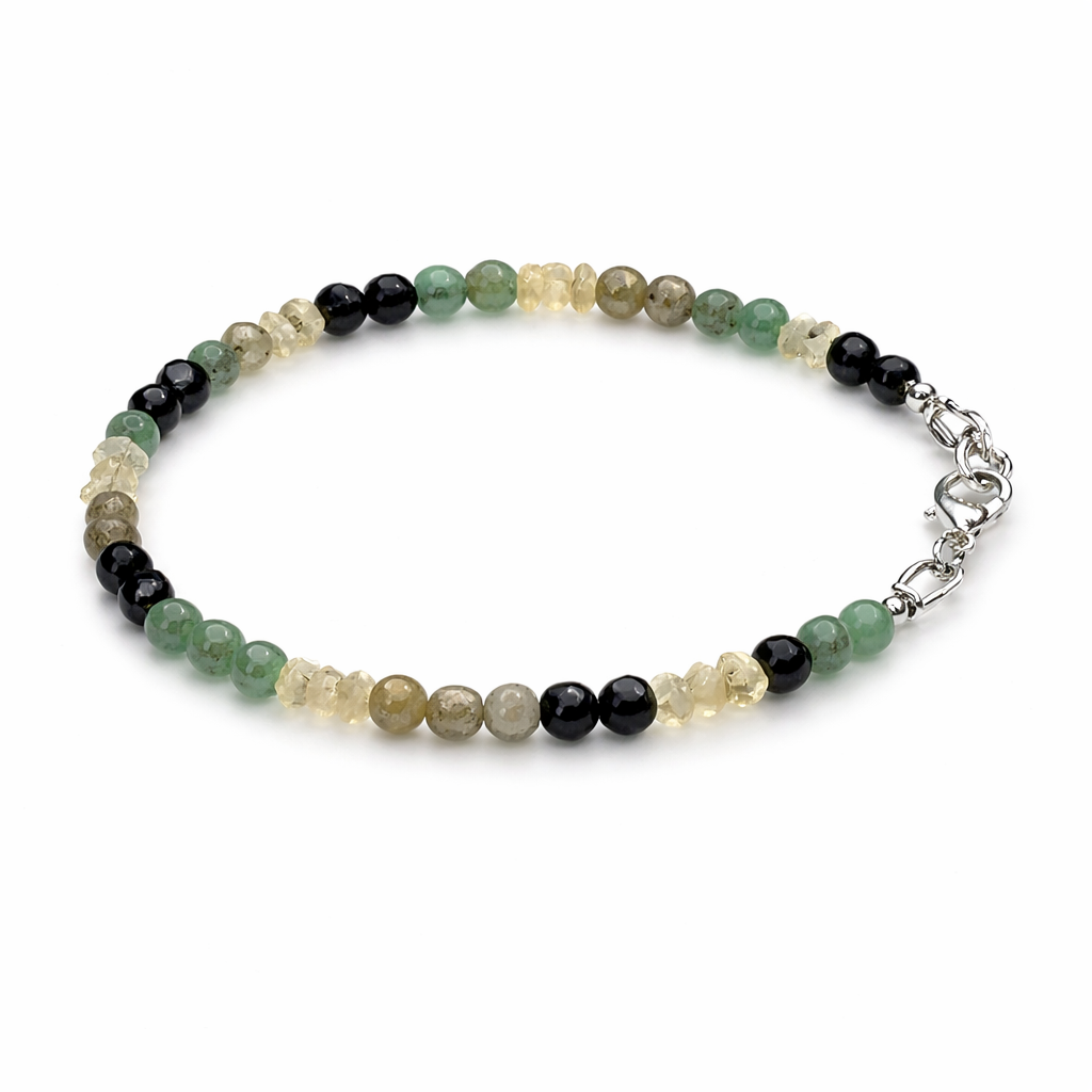 Handgefertigtes Edelsteinarmband mit Citrin-, Aventurin-, Labradorit- und Onyx-Perlen, runder Form, silbernem Karabinerverschluss, vor weißem Hintergrund.