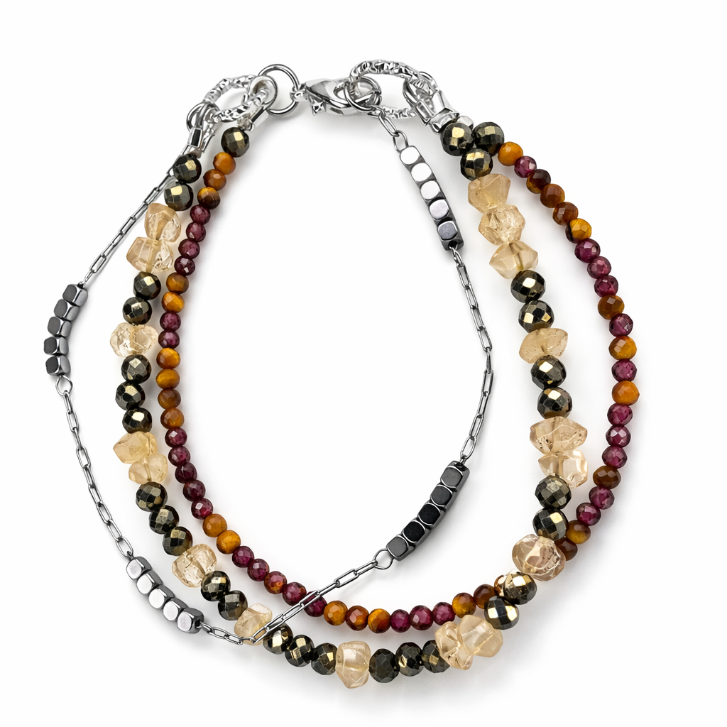 Edelsteinarmband mit Citrin, Pyrit, Granat & Tigerauge: kraftvolle Stein-Kombi für Fülle, Schutz, Erdung und Klarheit.