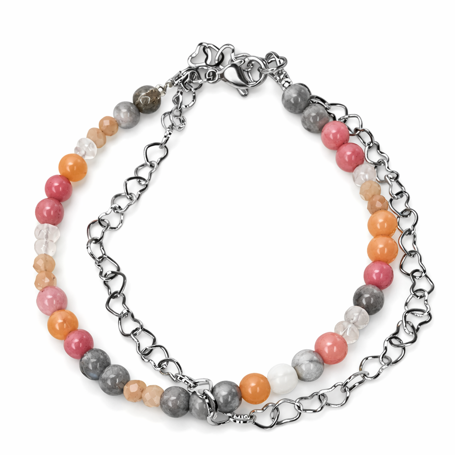 Edelstein Armband – handgefertigt mit Labradorit, Rhodonit, Mondstein, Bergkristall & Picasso Jaspis für Balance, Selbstvertrauen und innere Ruhe