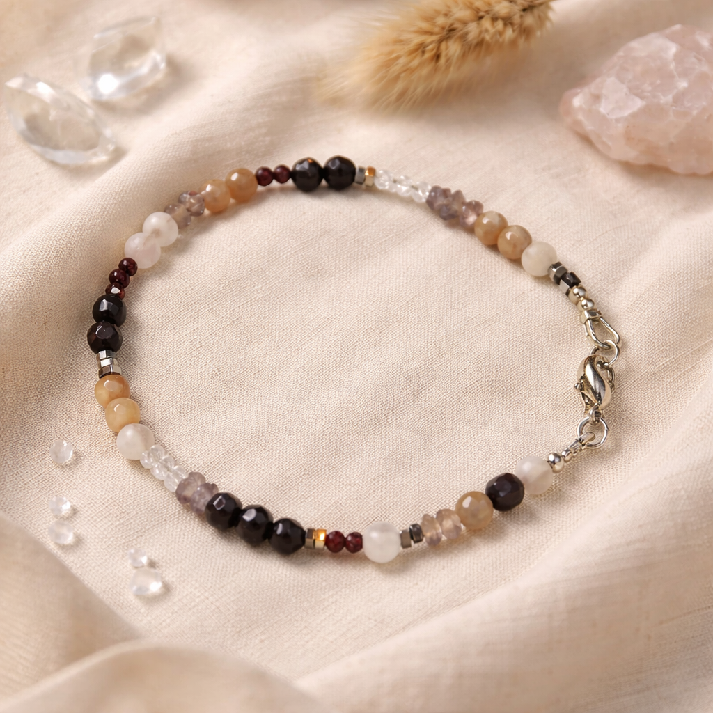 Mondstein Edelsteinarmband mit Amethyst & Rosenquarz – handgefertigt