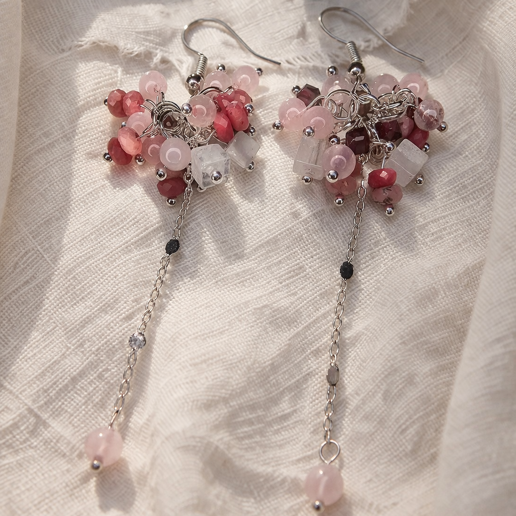 Handgefertigte Edelstein-Ohrringe Moonblush Energy mit Rosenquarz, Rhodonit, Mondstein und Granat – BE-Youniq