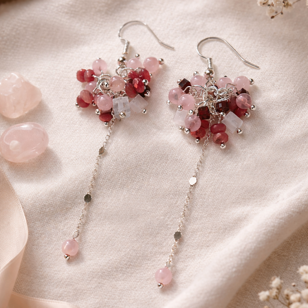 Handgefertigte Edelstein-Ohrringe Moonblush Energy mit Rosenquarz, Rhodonit, Mondstein und Granat – BE-Youniq