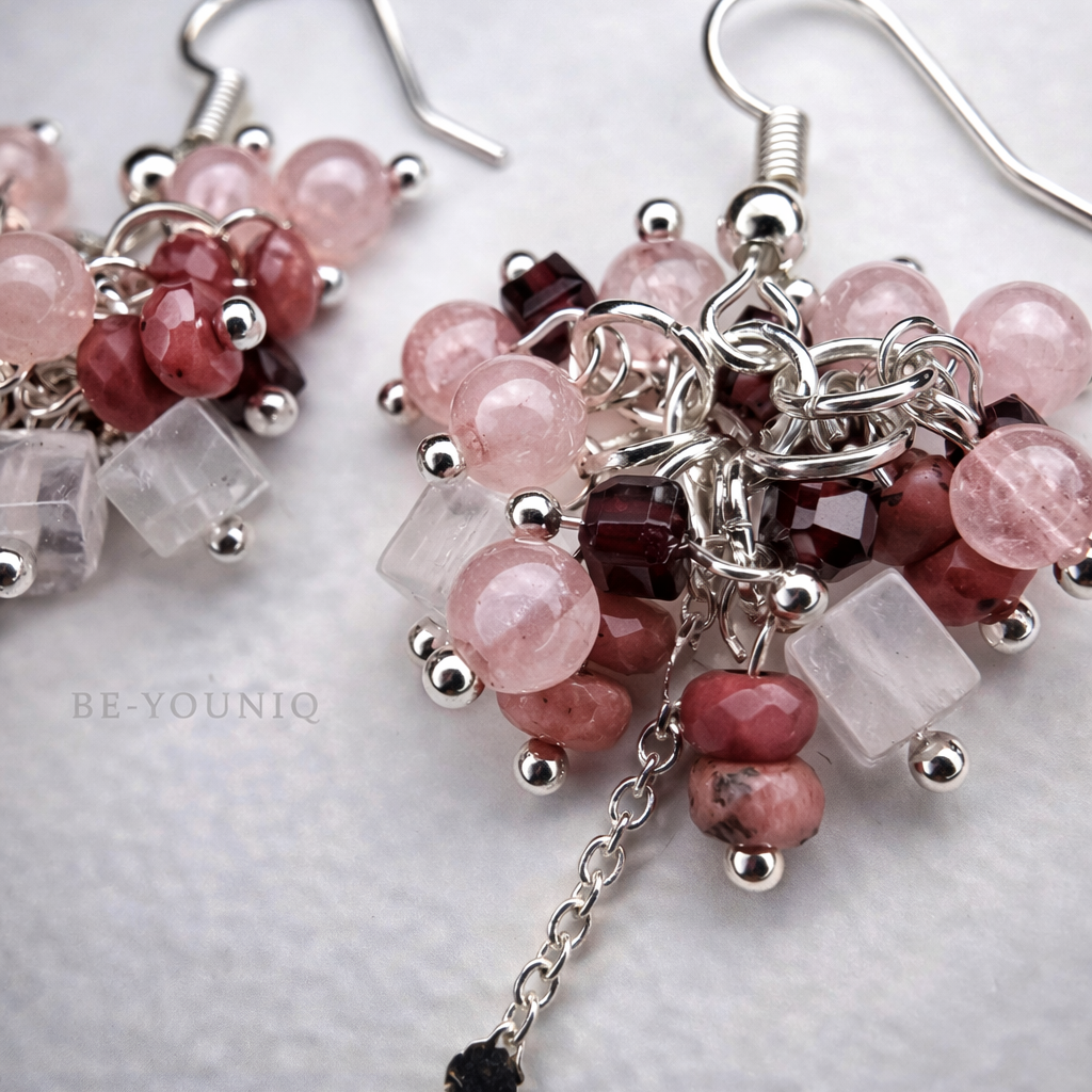 Handgefertigte Edelstein-Ohrringe Moonblush Energy mit Rosenquarz, Rhodonit, Mondstein und Granat – BE-Youniq