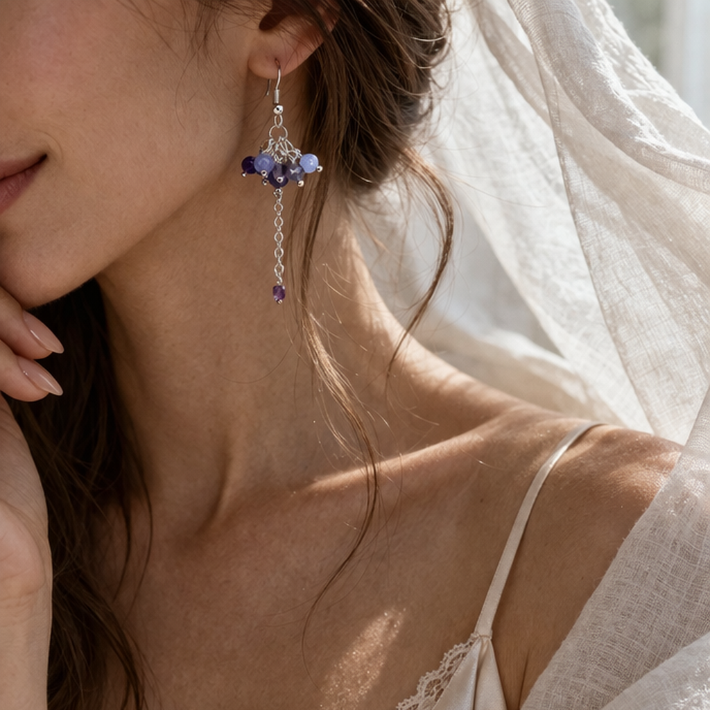 Moonflower Drops Edelstein Ohrringe – Aquamarin, Amethyst & Fluorit 