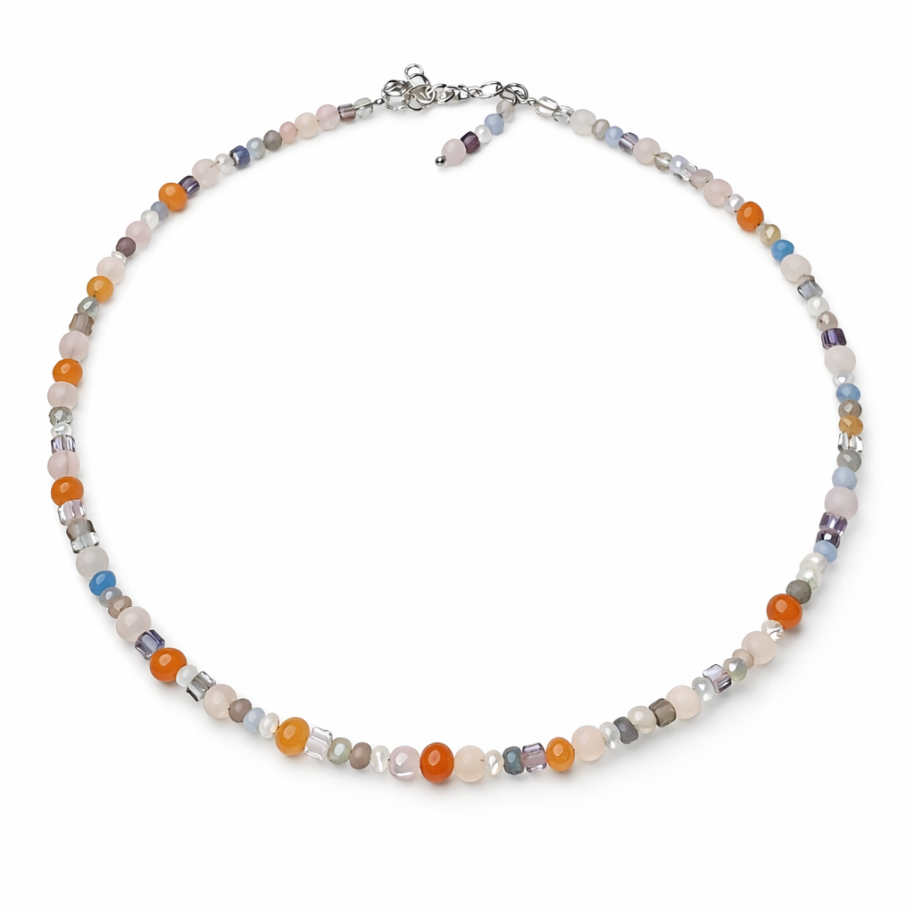 Handgefertigter Edelstein-Choker in Pastellfarben aus Fluorit, Morganit, Rosenquarz, Mondstein und Aquamarin.