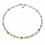 Handgefertigter Edelstein-Choker in Pastellfarben aus Fluorit, Morganit, Rosenquarz, Mondstein und Aquamarin.