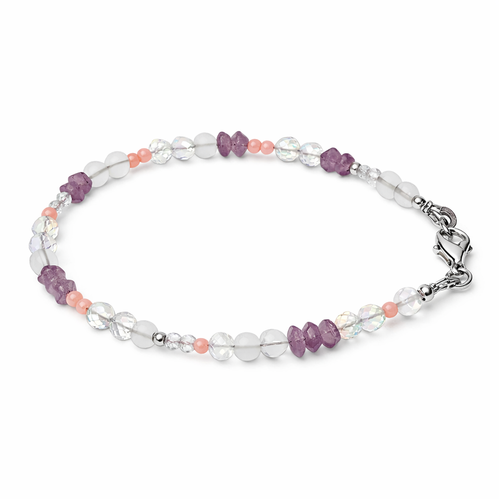 Handgemachtes Edelsteinarmband: Bergkristall, Amethyst, Opal