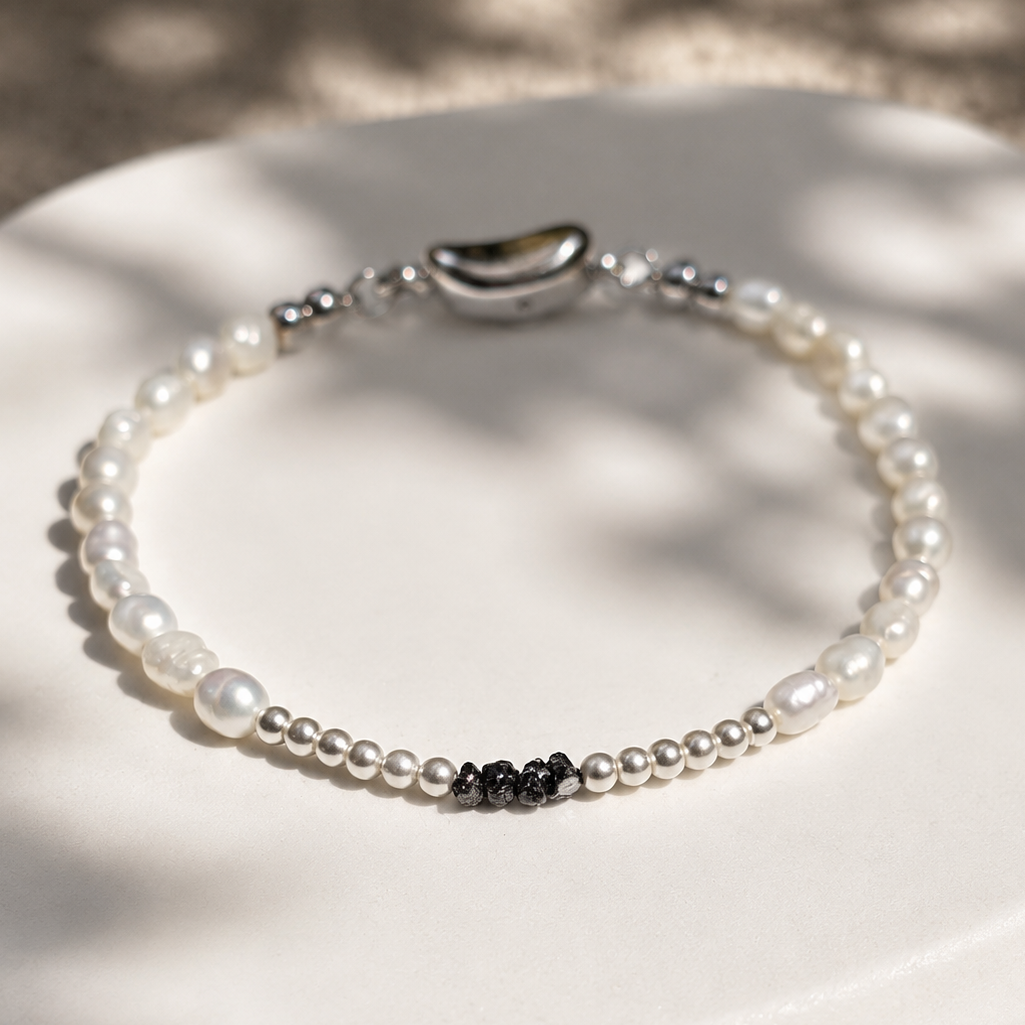 Raw Diamond White Aura - Rohdiamanten, Perlmutt & Süßwasserperlen